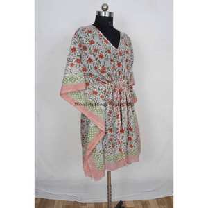 Elegante Caftán Informal de Algodón, Ligero, Transpirable, Hecho a Mano, con Estampado Floral, Estilo Boho, Reversible, Cuello en V, con Cordón Ajustable - Product Image 6