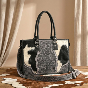 Western Cowhide Leather Tote Bag for Women Handmade Floral Tooled <b>Shoulder</b> Handbag with Adjustable <b>Strap</b> - Product Image 5