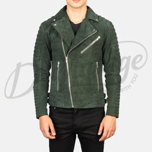 Blouson de motard en cuir suédé vert émeraude pour homme, coupe ajustée, épaules matelassées, en cuir véritable, vêtement de moto - Product Image 6