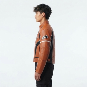 Sportswear Men Orange Brown Leather <b>Racing</b> <b>Jacket</b> Vector 21 Graphic Moto Biker Track Coat Custom Darkry Outerwear Factory - Product Image 4