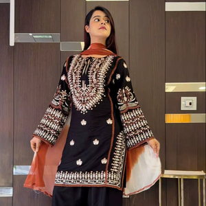 Conjunto de Kurta de Algodón Negro Estilo Bollywood para Verano/Invierno, con Bordado de Hilo de Cobre, Diseño de Salwar Kameez con Bordado Geométrico, Envío Rápido - Product Image 1