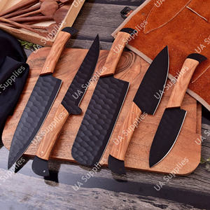 Ensemble de 5 couteaux de chef multifonctionnels en acier inoxydable brossé, faits à la main, avec manche ergonomique en olivier, légers et à lame pleine longueur - Product Image 3