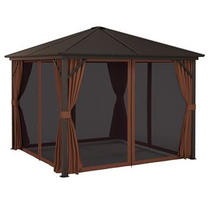Gazebo 10x10 Marrone Scuro con Tetto Rigido, Telaio in Alluminio e Tende con Ganci, Padiglione Permanente per Patio e Giardino - Product Image 1