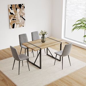 Ensemble de table à manger moderne en MDF couleur bois avec 4 chaises, table de cuisine style mid-century, pieds en métal, ensemble de salle à manger de la marque Dini - Product Image 1