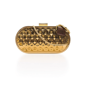 Metal Minaudiere <b>Clutch</b> Handmade Oval Gold Tone Coin Embossed Hard Case Evening <b>Bag</b> <b>with</b> Beaded Leather <b>Strap</b> - Product Image 2