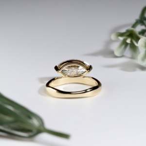 Classic Yellow Gold Marquise Cut Lab Grown Diamond Engagement Ring Unique Architectural Geometric Hollow Setting Wavy Contoured - Product Image 3