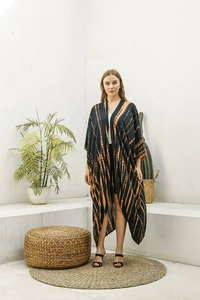 Handmade Boho Style Tie <b>Dye</b> Silk Kimono Maxi Dress Floral Long Sleeves Floor-Length Wrap for Summer Vacation Beach Cover Dress - Product Image 2