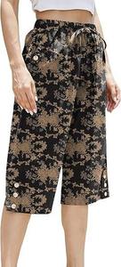 Pantalones Culottes Verde Oliva para Mujer, Cintura Media, Cordón Ajustable, Corte Holgado, Largura hasta la Rodilla, Color Sólido, Casuales de Verano, con Bolsillos - Product Image 6