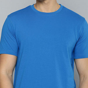 T-shirt en coton bleu pour homme, coupe classique, col rond, manches courtes, couleur unie, jersey tricoté décontracté - Product Image 6