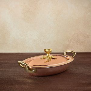 Casserole en cuivre artisanale avec couvercle décoratif et poignées en laiton, plat de service en cuivre de luxe pour la restauration - Product Image 2
