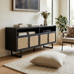 Mueble de TV Moderno de Madera de Caoba y Ratán, con 4 Puertas y Estantes Abiertos, para Sala de Estar o Dormitorio, con Patas Metálicas Negras, Mueble para el Hogar - Product Image 3