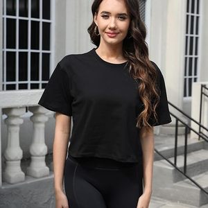 T-shirt court de sport pour femme 100 % coton, épaules tombantes, manches mi-longues, coupe oversize, pour yoga et course à pied - Product Image 4