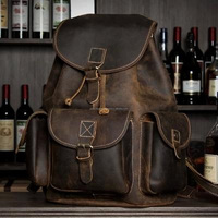 Sac à dos unisexe en cuir véritable marron vintage de qualité supérieure avec cordon de serrage, personnalisable avec logo, idéal pour les anniversaires, les cosmétiques et les voyages, avec fermeture à rabat.
