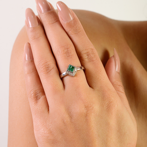 Premium 925 Sterling Silver Princess Cut Authentic Emerald & Diamond Minimalist <b>Statement</b> <b>Ring</b> for Women Party Wear Accessories - Product Image 4