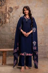 Traje Salwar de Algodón Azul Marino Bordado para Mujer, Estilo Tradicional, Corte Regular, Largo hasta la Rodilla, Secado Rápido, para Todas las Temporadas, Ideal para Bodas - Product Image 3