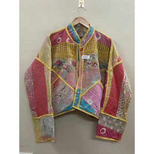 Veste Kantha Premium à Col Mandarin et Patchwork, Manches Chauve-Souris, en Coton Non Tissé Écologique à Séchage Rapide, pour Femme, Collection Automne - Product Image 4