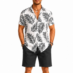 Camisa de Manga Corta para Hombre, Estilo Safari, Tejida, de Secado Rápido, con Botones, Informal, para Playa, Verano, Blanca, Negra, Floral, Satén, 100% Poliéster - Product Image 1