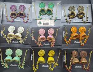 Gold Plated Sunburst Floral <b>Stud</b> Jhumka <b>Earrings</b> Crystal Dome Monochromatic Bead Support <b>Chain</b> Wholesale Set - Product Image 3