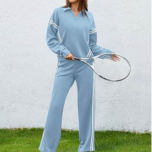 Conjuntos de Salón para Mujer: Chándal de Cuello en V con Pantalones de Pierna Ancha de 2 Rayas, Traje de 2 Piezas con Bolsillos, Ropa Cómoda para Estar en Casa - Product Image 2