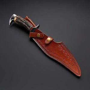 Couteau de chasse Bowie en acier Damas fait main sur mesure avec manche en corne de cerf, lame fixe, pointe tombante, couteau tactique de survie - Product Image 4
