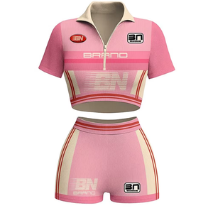Brand Pink Crop <b>Top</b> Set Short Sleeve Turn-down Collar Sublimation Print Quick Dry Knitted Summer Casual Women's Outfit - Product Image 5