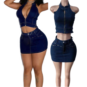 New Summer Streetwear Skinny <b>Denim</b> Spandex/Cotton <b>Stretch</b> Skirt Set CN88694 Hot-Selling Halter Neck Backless Slim-Fit Chemical - Product Image 1
