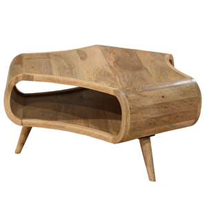 Table basse de salon en bois de manguier, hexagonale, rétro, faite à la main, avec bords incurvés et trois compartiments de rangement ouverts - Product Image 3