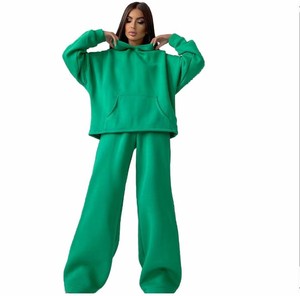 Conjunto de Sudadera con Capucha y Pantalones Anchos de Felpa 100% Algodón para Mujer, Corte Holgado Informal, Color Sólido, 2 Piezas, para Todas las Temporadas, OEM - Product Image 1