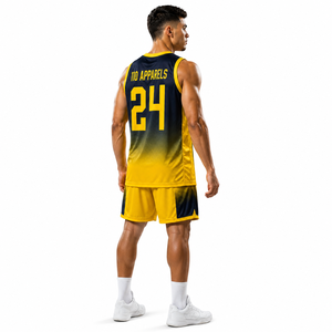 Ensemble de maillots de basket-ball pour hommes 110 Apparels, 100% polyester, dégradé jaune marine, logo sur le devant, séchage rapide, respirant, vêtements sportifs d'été - Product Image 3