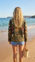 Blouson Bomber en Velours de Coton Brodé Floral pour Femme, Col Mandarin, Style Vacances d'Été, Manches Longues, Fermeture Complète
