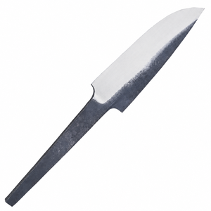 Hoja de cuchillo puntiaguda negra y plateada con borde biselado pulido, acabado texturizado oscuro y espiga delgada para la fabricación de mangos. - Product Image 3