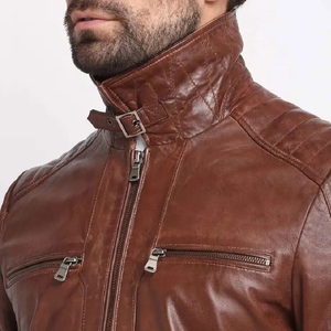 Chaqueta de Invierno de Cuero Genuino Marrón para Hombre, Cierre de Cremallera, Color Sólido, Corte Ajustado, Ropa Casual de Calle, a la Moda - Product Image 1