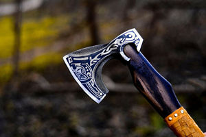 Personalised Viking <b>Axe</b> Handmade Carbon Steel Camping Hatchet Wood <b>Handle</b> Leather Sheath Forged for Wall Decoration Firewood - Product Image 2