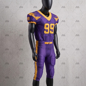 Ensemble d'uniformes de football américain personnalisés, violet et or, maillot et pantalon sublimés, coupe ajustée pour homme, évacuation de l'humidité, toutes saisons, vêtements d'équipe - Product Image 2