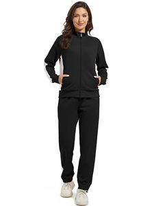Ensemble de survêtement sport décontracté pour femme, noir et blanc, avec sweat à capuche zippé et pantalon, en polyester respirant, idéal pour l'automne - Product Image 2