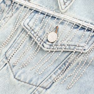 Custom Blue Denim Cropped <b>Jacket</b> With <b>Rhinestone</b> Tassel Fringe Button Front Women's Casual Vintage Style Spring Denim <b>Jacket</b> - Product Image 5