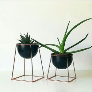 Maceta minimalista de hierro negro con patas de alambre dorado, diseño minimalista, decoración interior para plantas verdes - Product Image 2