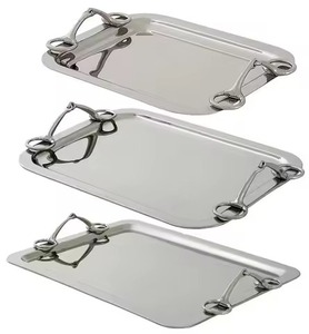 Plateau de service rectangulaire moderne en acier inoxydable de qualité alimentaire avec poignées dorées, design moderne, vaisselle durable pour les fêtes - Product Image 5