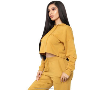 Conjunto de chándal con puños sólidos de tela acanalada de algodón 100% para mujer, Top corto con capucha y decoración de botones, chándales deportivos - Product Image 3