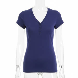 Chemisier d'été en coton pour femme, col en V, manches courtes, haute qualité, mode décontractée, respirant, coupe ajustée, couleur unie, vente en gros - Product Image 1