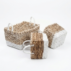Natural Water Hyacinth <b>Storage</b> <b>Basket</b> Set White Bottom Dip <b>Rectangular</b> Shelf <b>Storage</b> Organizer Box Setup Decor Pure Art Design - Product Image 3