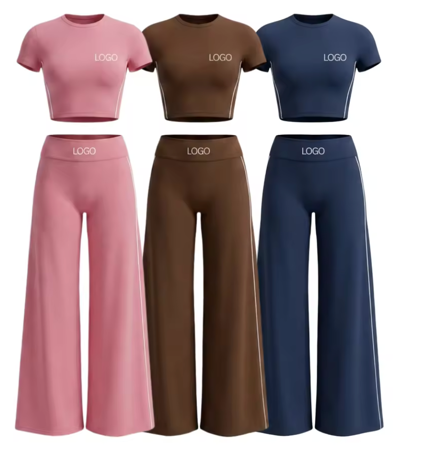 2026 Custom OEM Women's Yoga Set 2-Piece Set: Side Striped Short-Sleeved Cropped Top And High-Waisted Capri Pants Fitness Wear