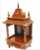 Temple en bois artisanal pour la maison avec des sculptures complexes et le symbole Om, Mandir traditionnel hindou pour la prière avec tiroir de rangement