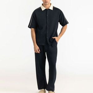 Men's Casual Vacation Matching Outfit 100% Cotton <b>Camp</b> Collar <b>Shirt</b> and Elastic Waist Full Length Comfort Pants Set - Product Image 1