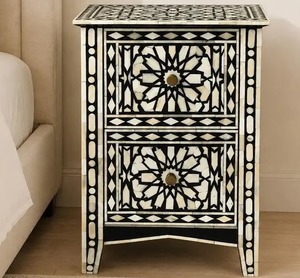 Black and <b>White</b> Bone Inlay <b>Bedside</b> <b>Table</b>, Handmade Floral Nightstand, 2 Drawer End <b>Table</b>, Luxury Bedroom Side <b>Table</b> - Product Image 6