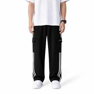 ONETEN APPAREL <b>Men's</b> Black Polyester Lightweight Embroidered Sweatpants <b>White</b> Side Stripe Cargo Pocket <b>Joggers</b> Casual Trousers - Product Image 6