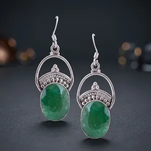 Boucles d'oreilles ovales en argent véritable avec émeraude verte et quartz, serties clos, bijoux pour femmes - Product Image 3