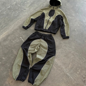 Unique Color Blocking Tracksuit Hooded Zipper Full Sleeve Loose Fit Sporty Style Adult Unisex Spring Lightweight Nylon Set - Product Image 5