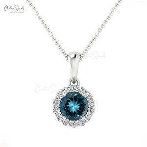 Trending Products 4mm Prong Set London Blue Topaz Gemstone Halo <b>Pendant</b> with 14k <b>Solid</b> <b>Gold</b> Customized Diamond <b>Pendant</b> Jewelry - Product Image 3