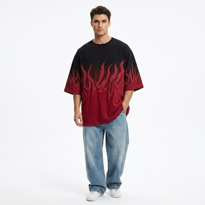Men's Crop Oversized Puff Print <b>Flame</b> T-<b>Shirt</b> 100% Cotton Knitted Streetwear 240g Heavyweight Logo Breathable Tee - Product Image 2